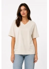 Kadın V Yaka Basic Tişört Kısa Kol Yazlık Regular Fit T-Shirt - Bej