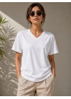 Kadın V Yaka Basic Tişört Kısa Kol Yazlık Regular Fit T-Shirt - Beyaz