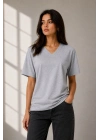Kadın V Yaka Basic Tişört Kısa Kol Yazlık Regular Fit T-Shirt - Gri