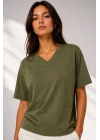 Kadın V Yaka Basic Tişört Kısa Kol Yazlık Regular Fit T-Shirt - Haki