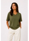 Kadın V Yaka Basic Tişört Kısa Kol Yazlık Regular Fit T-Shirt - Haki