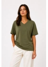 Kadın V Yaka Basic Tişört Kısa Kol Yazlık Regular Fit T-Shirt - Haki