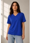 Kadın V Yaka Basic Tişört Kısa Kol Yazlık Regular Fit T-Shirt - Saks Mavisi