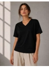 Kadın V Yaka Basic Tişört Kısa Kol Yazlık Regular Fit T-Shirt - Siyah