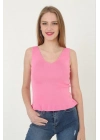 Kadın V Yaka Fırfır Detay Crop - Pembe