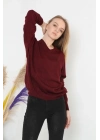 Kadın V Yaka Kazak Uzun Kol Düz Dokuma Triko - Bordo