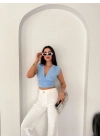 Kadın Vatkalı Kolsuz V Yaka Drapeli Crop Bluz Likralı Fit - Bebek Mavisi