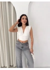 Kadın Vatkalı Kolsuz V Yaka Drapeli Crop Bluz Likralı Fit - Beyaz
