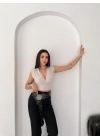 Kadın Vatkalı Kolsuz V Yaka Drapeli Crop Bluz Likralı Fit - Boyalı Gri