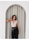 Kadın Vatkalı Kolsuz V Yaka Drapeli Crop Bluz Likralı Fit - Boyalı Gri