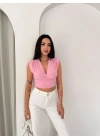 Kadın Vatkalı Kolsuz V Yaka Drapeli Crop Bluz Likralı Fit - Pembe