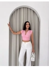 Kadın Vatkalı Kolsuz V Yaka Drapeli Crop Bluz Likralı Fit - Pembe