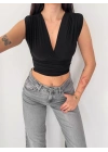 Kadın Vatkalı Kolsuz V Yaka Drapeli Crop Bluz Likralı Fit - Siyah