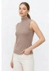 Kadın Yarım Balıkçı Yaka Fitilli Kaşkorse Atlet Basic Şık Bluz Badi - Bej