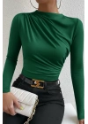 Kadın Yeşil Belden ve Boyundan Büzgü Detaylı Uzun Kollu Bluz