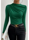 Kadın Yeşil Belden ve Boyundan Büzgü Detaylı Uzun Kollu Bluz