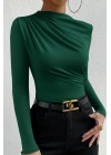 Kadın Yeşil Belden ve Boyundan Büzgü Detaylı Uzun Kollu Bluz