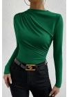 Kadın Yeşil Belden ve Boyundan Büzgü Detaylı Uzun Kollu Bluz