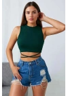Kadın Yeşil Çapraz Bağlamalı Crop Top Büstiyer – Modern ve Şık Tasarım