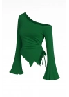 Kadın Yeşil Uzun İspanyol Kollu Asimetirik Yaka Yandan Bağlamalı Drapeli Bluz