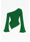 Kadın Yeşil Uzun İspanyol Kollu Asimetirik Yaka Yandan Bağlamalı Drapeli Bluz