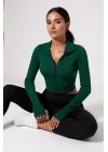 Kadın Yeşil Uzun Kol Fermuarlı Parmak Geçme Detaylı Dik Yaka Crop Top Bluz