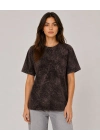 Kadın Yıkamalı Washed Effect Tişört Bisiklet Yaka Sokak Stil Kısa Kol T-Shirt - Siyah
