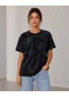 Kadın Yıkamalı Washed Effect Tişört Bisiklet Yaka Sokak Stil Kısa Kol T-Shirt - Siyah