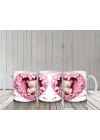 Kalp Şeklinde Pembe Arka Planda Ayıcık Çifti – Baskılı Kahve Kupası