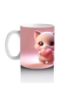 Kalpli Figür Tutan Sevimli Pembe Kedi (Ön ve Arka) - Baskılı kahve kupası