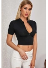 Kadın Siyah Yarım Fermuarlı ve Kısa Kollu Crop Top Bluz