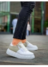 KB-X155  Beyaz Cilt Gri Süet Detaylı Beyaz Yüksek Taban Günlük Spor Ayakkabı