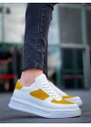 KB-X8  Beyaz Cilt Sarı Süet Detaylı Beyaz Yüksek Taban Günlük Spor Ayakkabı