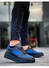KB-X8  Siyah Cilt Mavi Süet Detaylı Siyah Yüksek Taban Günlük Spor Ayakkabı