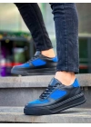 KB-X8  Siyah Cilt Mavi Süet Detaylı Siyah Yüksek Taban Günlük Spor Ayakkabı