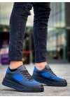 KB-X8  Siyah Cilt Mavi Süet Detaylı Siyah Yüksek Taban Günlük Spor Ayakkabı