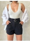 Kemer detaylı gabardin şort siyah s25289
