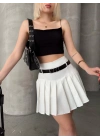 Kemerli piliseli şort etek beyaz s25305