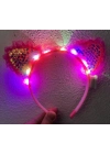 Kenarları Dantelli Fuşya Pullu Payetli Led Işıklı Kedi Kulak Taç 17x19 Cm