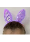 Kenarları Dantelli Mor Pullu Payetli Led Işıklı Tavşan Kulak Taç 23x19 Cm