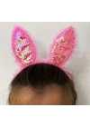Kenarları Dantelli Pembe Pullu Payetli Led Işıklı Tavşan Kulak Taç 23x19 Cm