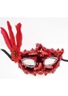 Kırmızı Payetli Pullu Tüylü Parti Maskesi