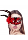 Kırmızı Renk Yandan Tüylü Güllü Gümüş Taşlı Pullu Maske 20x22 Cm
