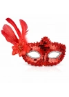 Kırmızı Tüylü Payetli Lüks Taşlı Parti Maskesi