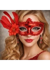 Kırmızı Tüylü Payetli Lüks Taşlı Parti Maskesi