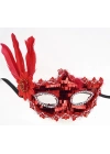 Kırmızı Tüylü Payetli Lüks Taşlı Parti Maskesi