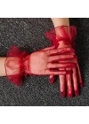 Kısa Boy Likralı Güpürlü Yetişkin Tül Eldiven Kırmızı Renk