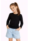 Kız Çocuk Basic Uzun Kollu Tişört Okul Günlük Rahat T-Shirt - Siyah