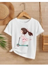 Kız Çocuk Bisiklet Yaka Baskılı T-Shirt - Beyaz