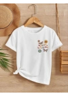 Kız Çocuk Bisiklet Yaka Baskılı T-Shirt - Beyaz